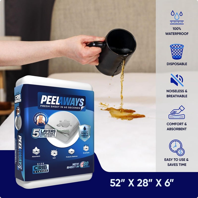 PEELAWAYS Crib-A-Peel Disposable Waterproof Crib Sheets - Super Absorbent Bedwetting Pads for Infants, Potty-Training, Spills, and More - 5 Layer 28" x 52" x 6" - Image 2